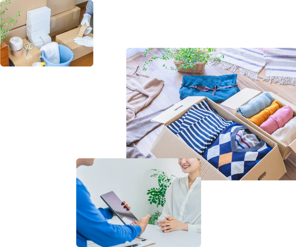 掃除道具・段ボールに入れた服・提案している様子の写真